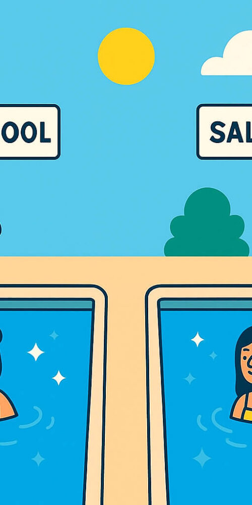 Chlorine and saltwater pool side by side